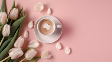 AI generated White tulips realistic with coffee photo