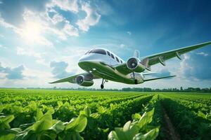 AI generated Sustainable aviation fuel concept. Net zero emissions flight. Sustainability transportation. Eco-friendly aviation fuel. Commercial airplane use biofuel energy flying above soybean farm. photo