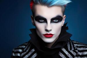 AI generated Male fashion beauty portrait. Creative makeup, black deep eyeshadows, red lips, white face photo