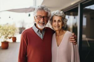 AI generated Happy senior couple, married old man and woman. Smiling spouse portrait, hugging photo