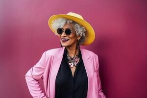 AI generated Happy modern fashion woman of old senior age, sunglasses, trendy stylish apparel, hat photo