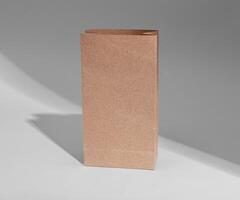 Beige kraft paper bag mockup. Craft pouch, package, upright packet photo