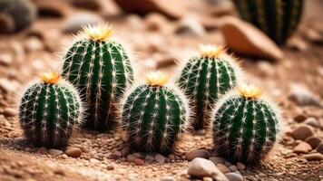 ai generado floreciente cactus. floreció cactus con flores y Picos, creciente en suelo foto