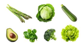 AI generated Green vegetable set. Fresh natural food Asparagus, cabbage, avocado half, broccoli isolated on white photo