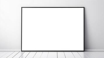 AI generated Picture, artwork mockup, framed home art mock up. Empty blank white image standing on floor photo