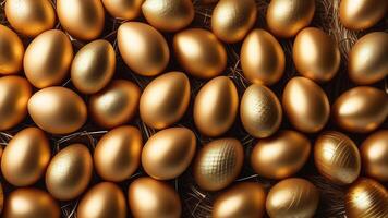 AI generated Easter eggs pile, heap of gold color. luxury holiday background photo