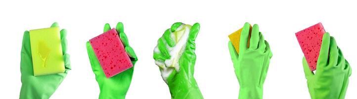 Hand in green rubber glove with washing cleaning sponge, set isolated on white background photo