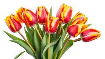 AI generated Spring tulips, red and yellow flower bunch, floral bouquet isolated on white background photo