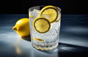 AI generated Infused lemon water in glass with fruit slices. Healthy detox aqua photo