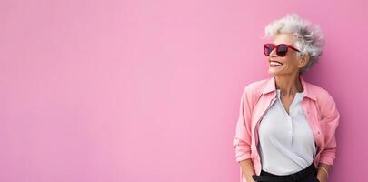 ai generado contento sonriente mujer de mayor antiguo años en pie en rosado antecedentes pared. moderno mayor hembra foto