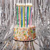 Birthday bento cake with many tall candles, silver glitter photo