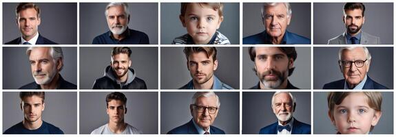 ai generado hombres retratos colocar. diferente machos, mayor y joven personas caras, cabeza disparos cuadrícula foto