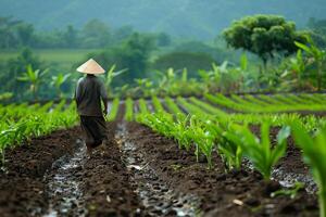 AI generated Farmer is standing backwards on his farm photo