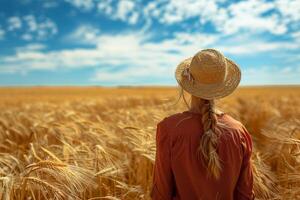 AI generated Farmer is standing backwards on her wheat field. photo