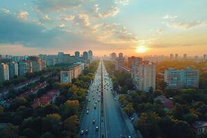 ai generado aéreo ver de un calma ciudad durante puesta de sol foto