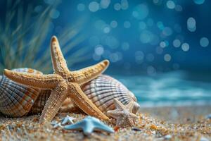 AI generated Different sea shells and starfish as a background vacation concept photo