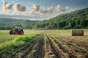 AI generated Agricultural background. Tractor on  a field photo