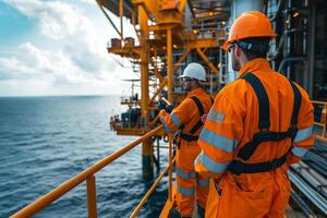 AI generated group of oil rig workers dressed in protective gear, collaboratively troubleshooting a piece of machinery on the deck of an offshore oil rig photo