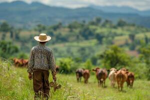 ai generado granjero es en pie hacia atrás en su granja y ganado foto