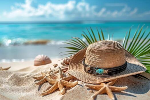 AI generated Starfish, Shell, Stones, Rope and Net Against a blurred ocean Background with Copy Space. Summer Holliday. Nautical, concept. photo