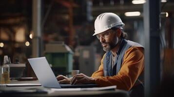 ai generado masculino y hembra industrial ingenieros en difícil sombreros discutir nuevo proyecto mientras utilizando computadora portátil, foto