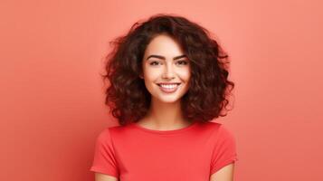 AI generated Close up photo of pretty cheerful lady stylish red clothes arm direct space beauty procedure isolated on pastel peach color background