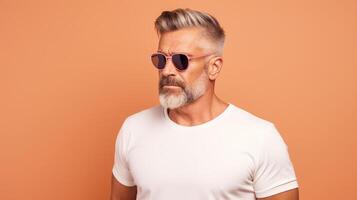 AI generated a Focused and Intense bearded middle-aged man in casual wearing white T-shirt and black sun glasses on pastel peach background photo