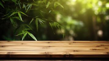 AI generated Wooden table on bamboo plant background, photo