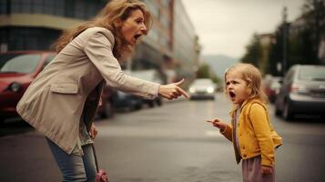 AI generated Mother scolding her little daughter in street. Child is crying and woman is shaking finger, photo