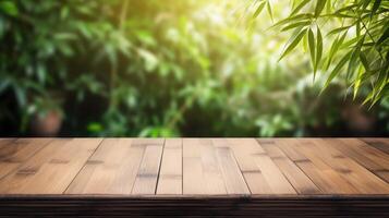 AI generated Wooden table on bamboo plant background, photo