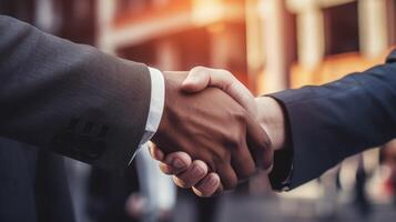 AI generated close up view Businessmen making handshake with partner, greeting, photo