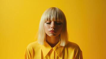 AI generated a young sad Asian blond girl sighing upset wearing the neon dress on yellow background, , photo