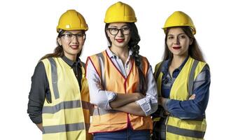 AI generated three beautiful engineers women  standing, smiling proudly, looking in camera, isolated on white background, photo