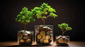 AI generated Green trees growing on coins increases, concept of business growth, photo