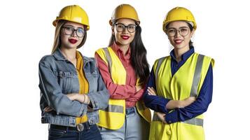 ai generado Tres hermosa ingenieros mujer de pie, sonriente con orgullo, mirando en cámara, aislado en blanco fondo, foto