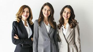 ai generado Tres hermosa negocio mujer de pie, sonriente con orgullo mirando en cámara aislado en blanco antecedentes foto