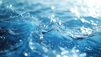 AI generated Water splash with ripples close-up. Blue water background. photo