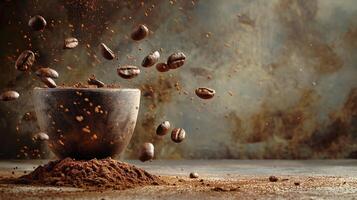 AI generated Coffee beans in a bowl with ground coffee over grunge background photo