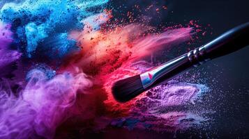 AI generated Paintbrush with colorful powder explosion on black background. Art concept photo