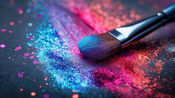 AI generated Makeup brushes and colorful glitter on black background. Cosmetic concept. photo