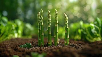 AI generated Green asparagus growing in soil on blurred background, closeup photo