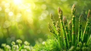 AI generated Fresh green asparagus on bokeh background. Spring season. photo