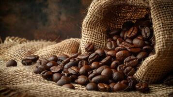 AI generated Coffee beans in a burlap bag on a wooden background photo