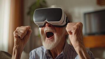 AI generated Elderly man wearing virtual reality goggles at home. Cheerful senior man using VR headset and experiencing virtual reality photo