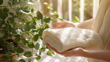 AI generated Female hands with eco-friendly towels, closeup. Zero waste concept photo