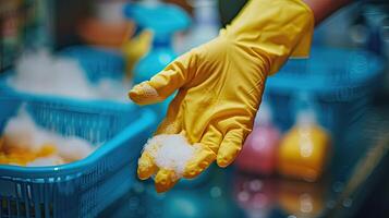 AI generated Female hand in yellow glove holding a sponge with foam and washing machine in the background photo