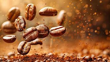 AI generated Coffee beans falling into the ground. 3d rendering. photo