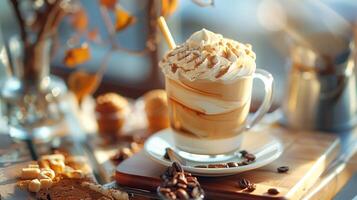 AI generated Coffee latte macchiato with whipped cream and coffee beans photo