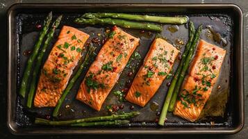 AI generated Grilled salmon fillets with asparagus and spices on baking tray, top view photo