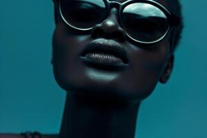 AI generated Close-up of a portrait of a glamorous African female model in black glasses photo